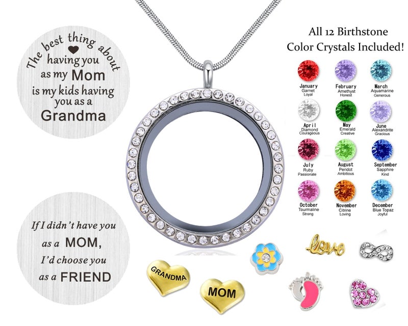 Beffy Best Gifts for Mother Mom Grandma Mammy Mum, Round Living Memory Floating Charm Locket Pendant Necklace with Birthstones & Charms - Image 3